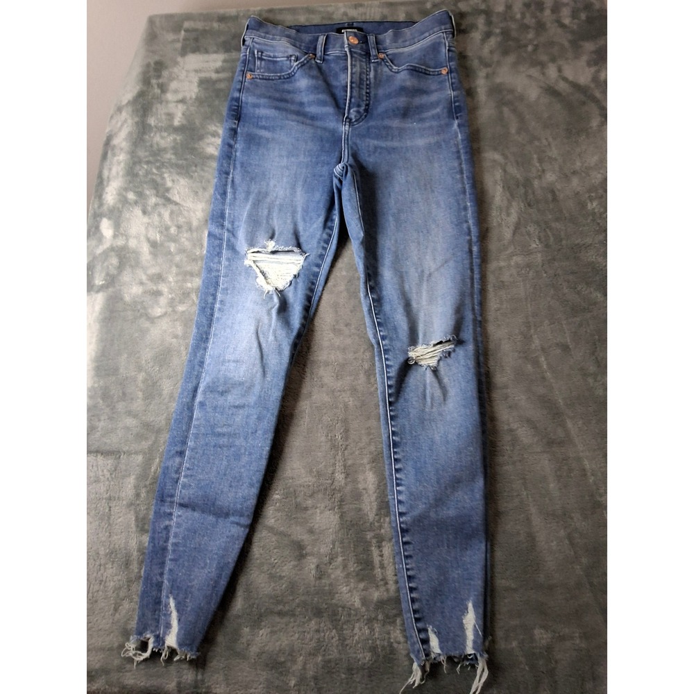 Express Women High Rise Cropped Skinny Jeans Distressed Blue Size 2 Raw Hem